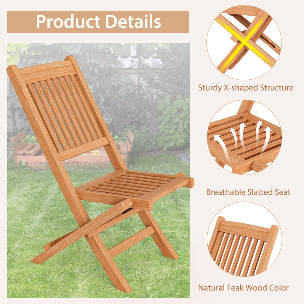 Teak wood folding dining chair with slatted seat and X-shaped structure, perfect for backyard and poolside use.