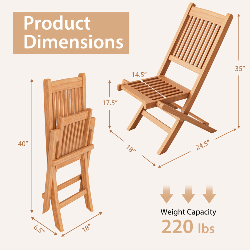 Teak wood folding dining chair dimensions with slatted seat, lightweight design, suitable for patio and outdoor use.