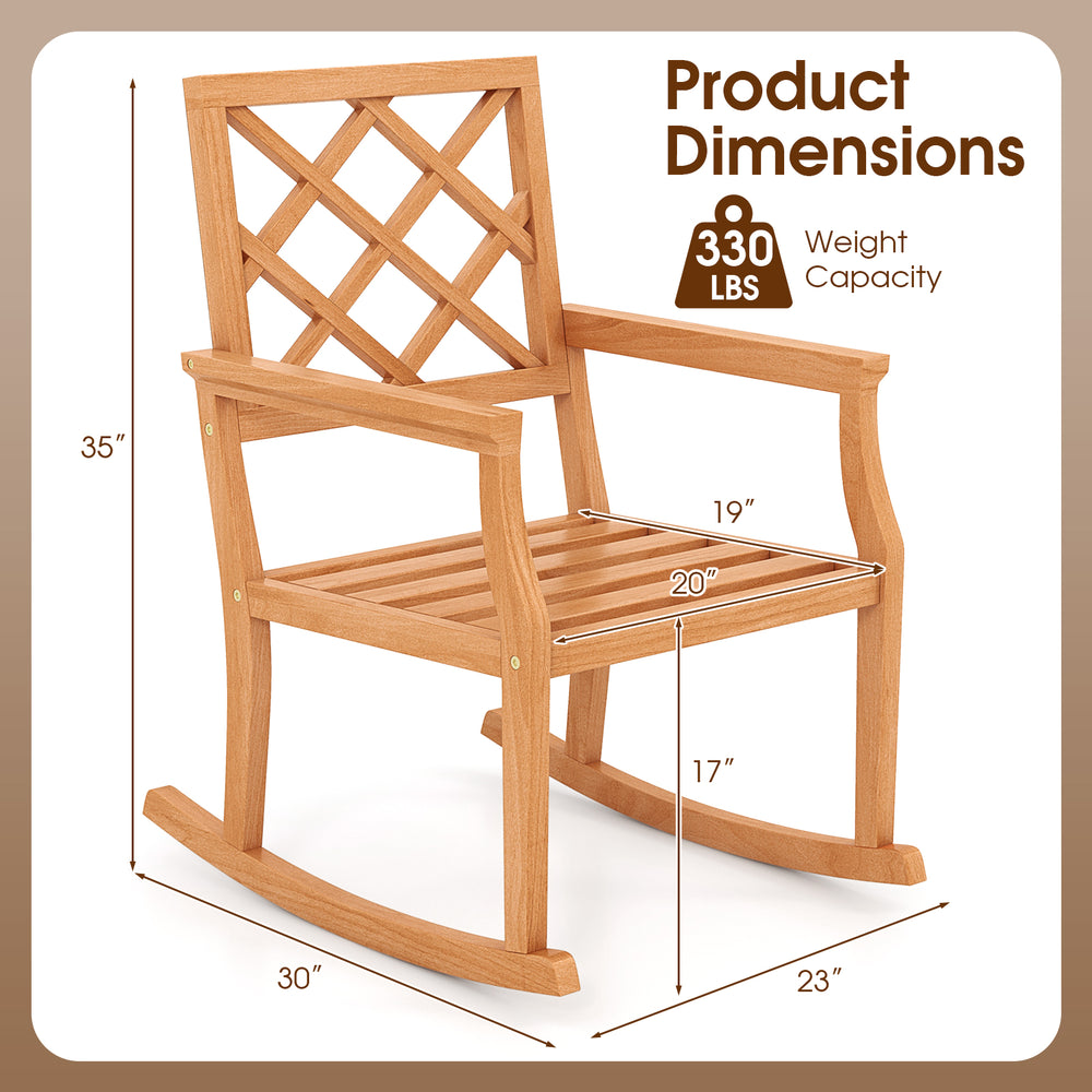 Oversized teak wood rocking chair with backrest and slatted seat, ideal for outdoor relaxation and support.