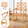 Teak wood rocking chair with supportive backrest and spacious slatted seat, perfect for outdoor relaxation on the porch.