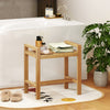 Teak wood shower bench with slat top and dual side handles, perfect for bathroom storage and seating.