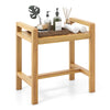 Teak wood shower bench with slat top and dual side handles, ideal for inside shower storage and seating.