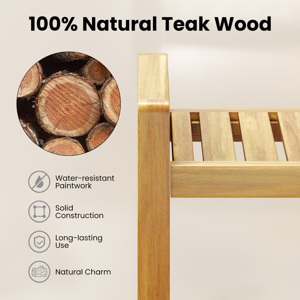 Teak wood shower bench showcasing slat top design, water-resistant paint, and natural charm for versatile bathroom use.