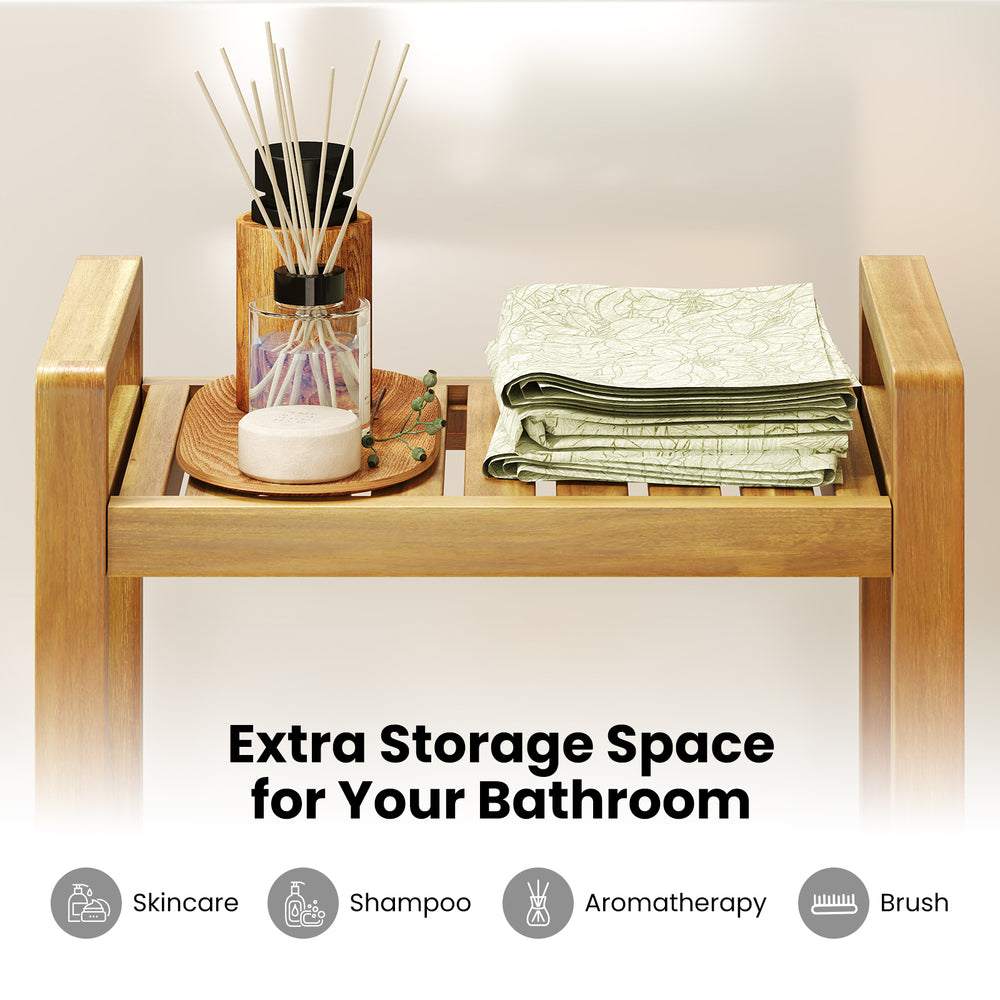 Teak wood shower bench showcasing extra storage space, ideal for skincare and aromatherapy in your bathroom.