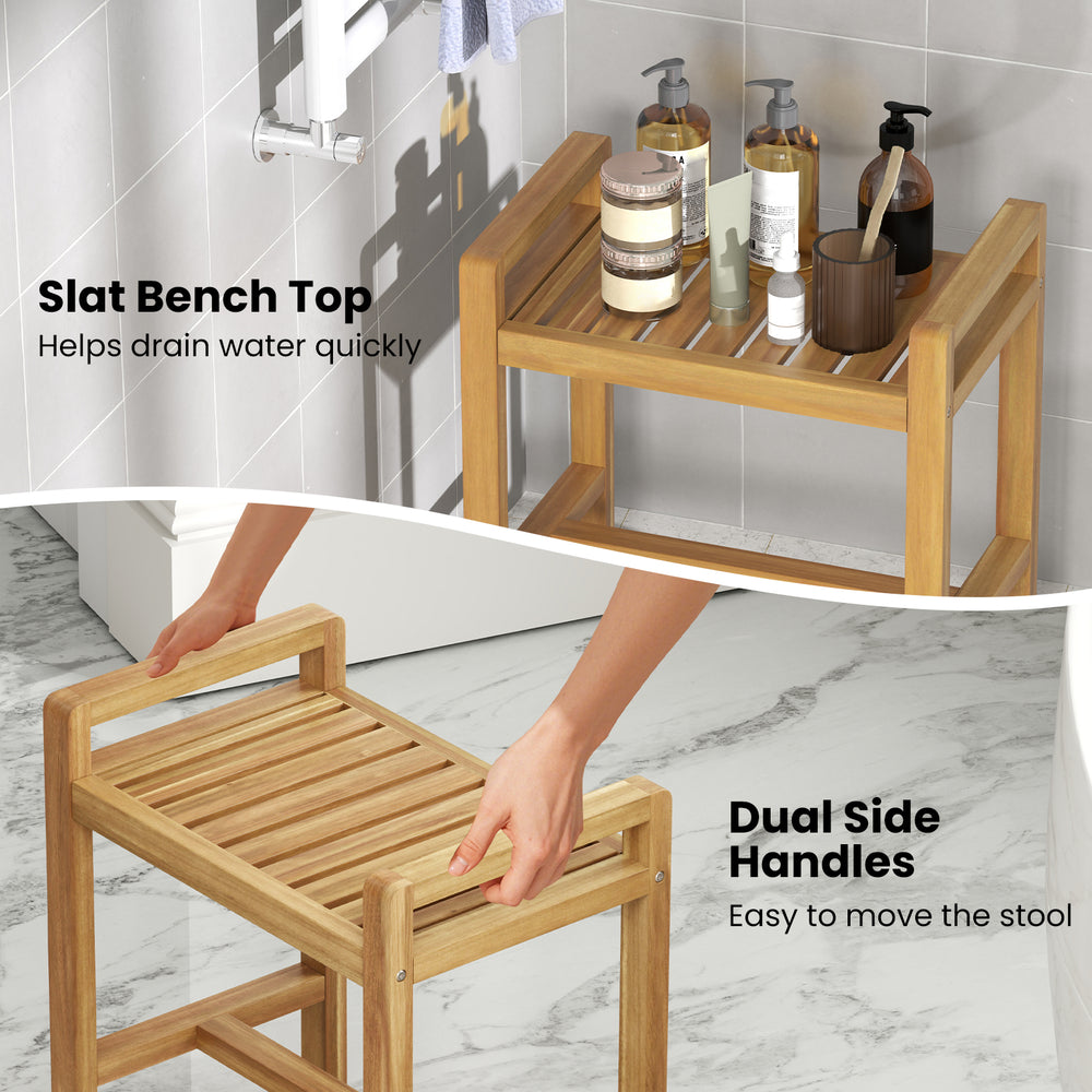 Teak wood shower bench with slat top for quick drainage and dual side handles for easy movement in the bathroom.