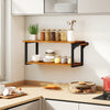Teak wood wall-mounted floating shelves with towel bar, featuring two deep tiers for storage and display in a kitchen.