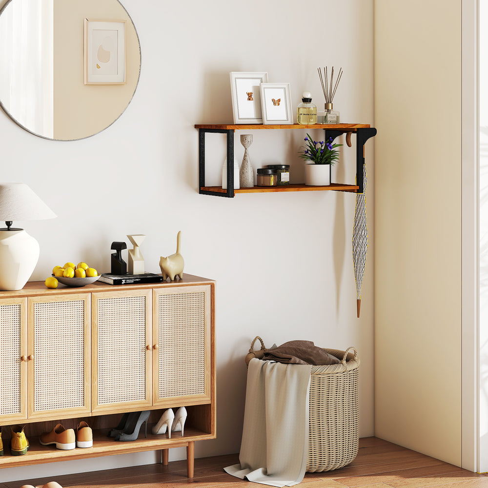Teak wood wall-mounted floating shelf with a towel bar, showcasing a stylish design and ample space for decorative.