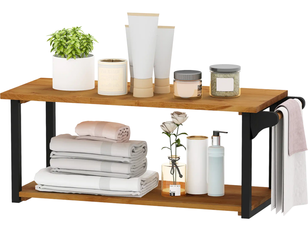 Teak Wood Wall Mounted Floating Shelves with Towel Bar