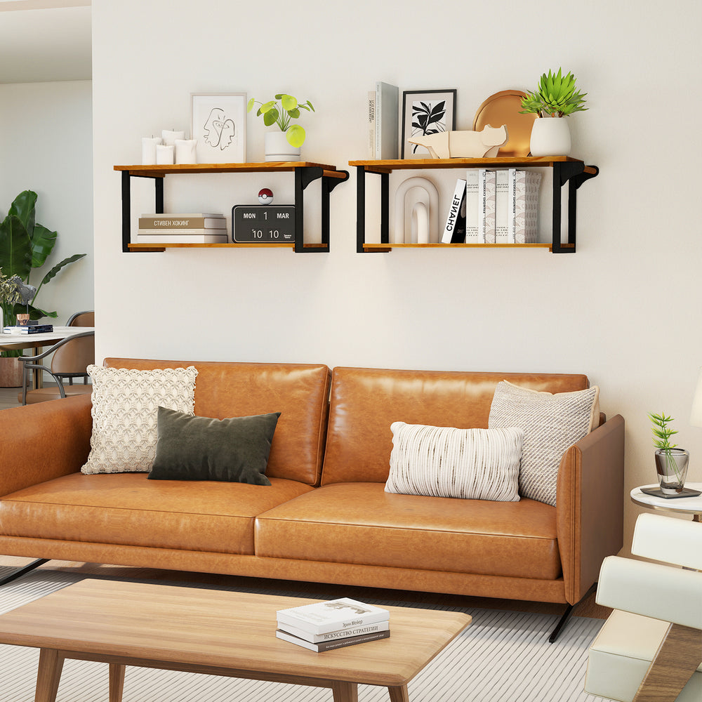 Teak wood wall-mounted floating shelves with towel bar, featuring two deep tiers for storage and display in a stylish.