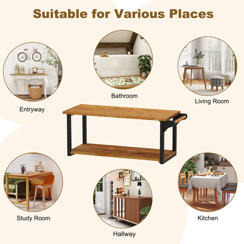 Teak wood wall-mounted floating shelf with towel bar, featuring two tiers for storage, ideal for bathrooms and kitchens.