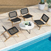 Teak wooden chairs with handwoven cordage seats arranged around a coffee table, perfect for indoor or outdoor use.