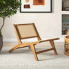 Teak wooden chair showcasing handwoven rattan backrest, designed with smooth edges for stylish indoor seating.