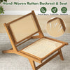 Teak wooden chair featuring a handwoven rattan seat and backrest, designed for indoor comfort and stability.