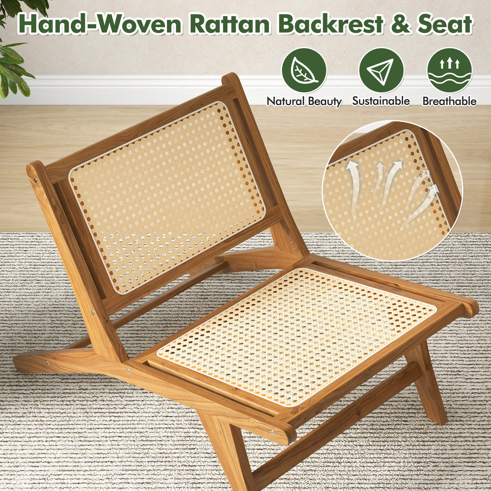 Teak wooden chair featuring a handwoven rattan seat and backrest, designed for indoor comfort and stability.