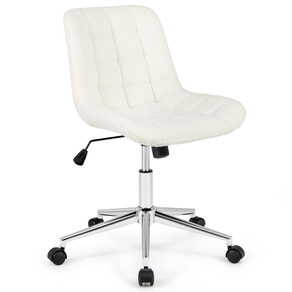 Armless white Teddy Fleece office chair with adjustable height and ergonomic design for comfort in small spaces.