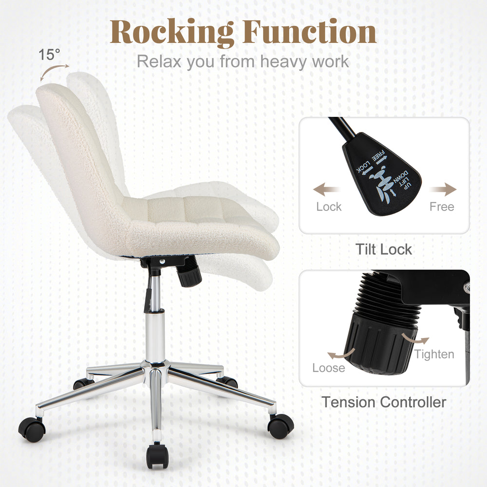 Armless Teddy Fleece office chair with adjustable height and 15° rocking function for comfort and relaxation.