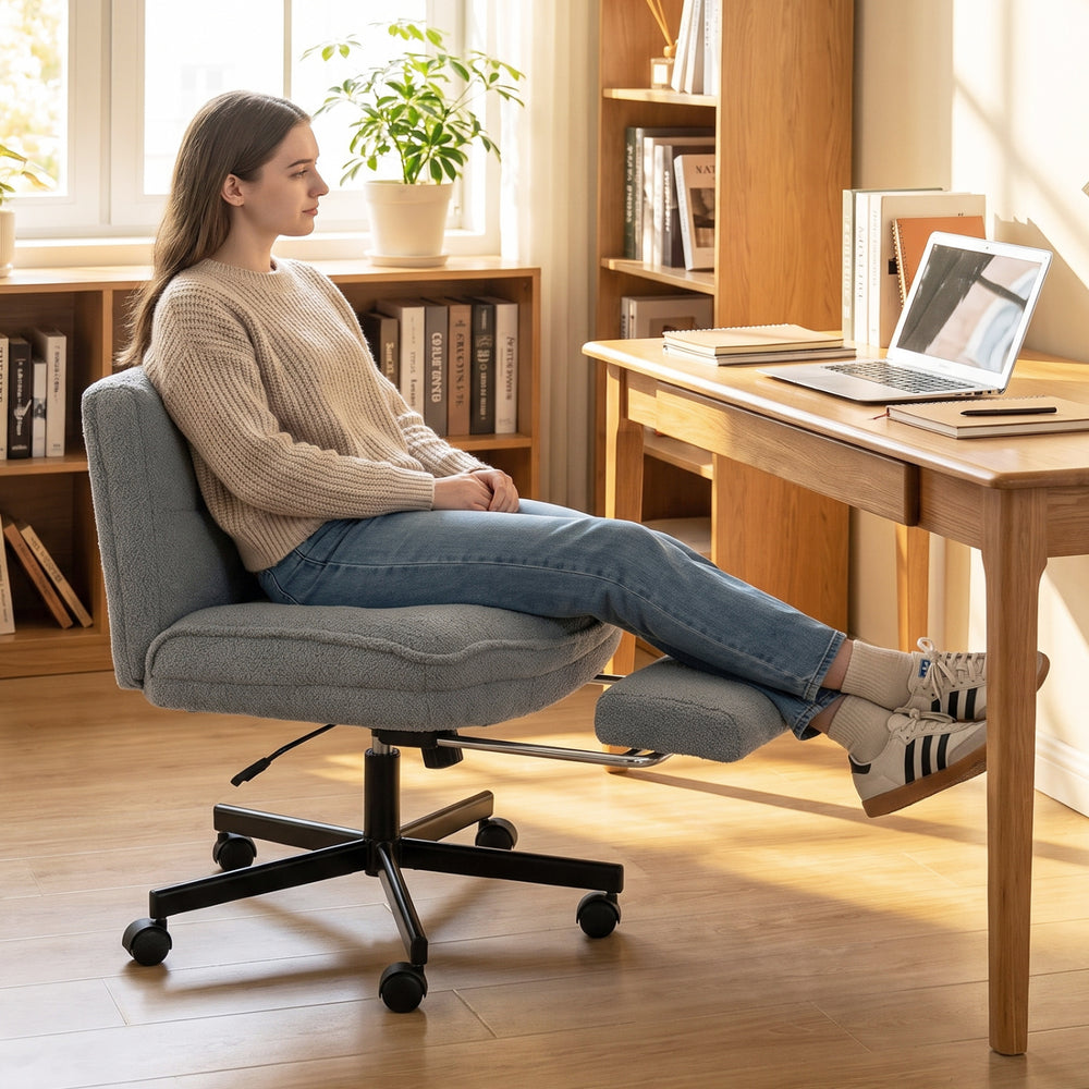 Teddy plush office chair with footrest features adjustable height and ergonomic design for comfortable seating in any room.
