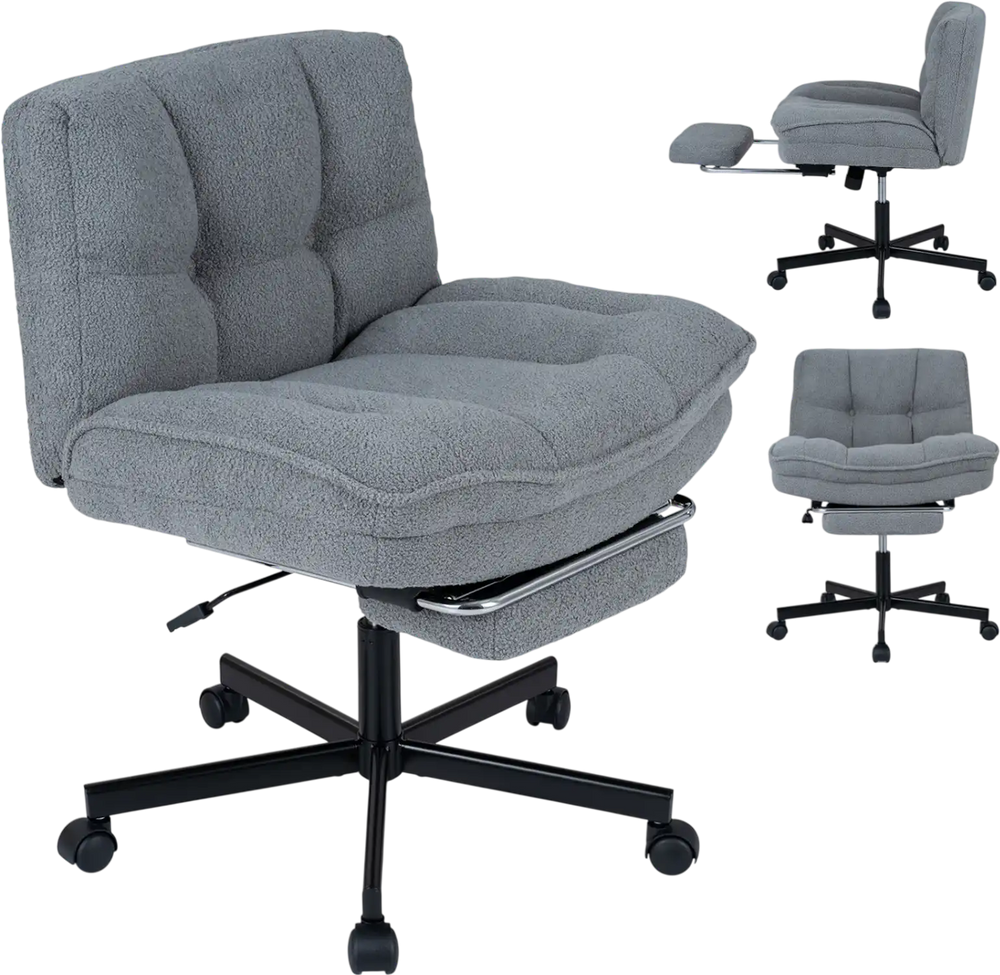 Teddy plush office chair in gray with adjustable height, reclining footrest, and ergonomic design for comfort and support.