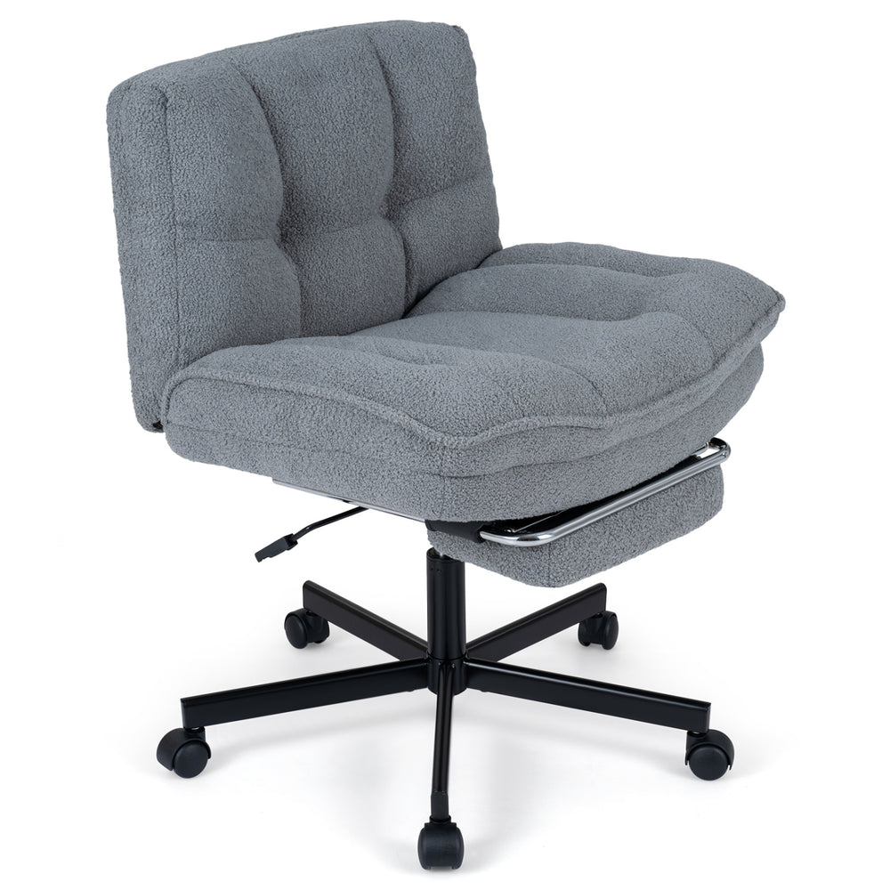 Teddy plush office chair in gray features an adjustable height, reclining backrest, and extendable footrest for comfort.