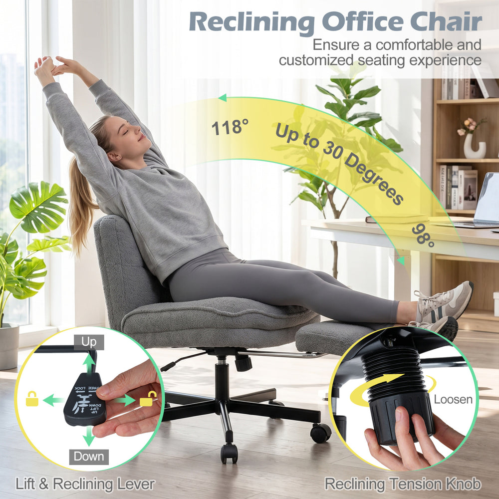 Reclining Teddy Plush Office Chair features adjustable height, a cozy footrest, and ergonomic backrest for ultimate comfort.