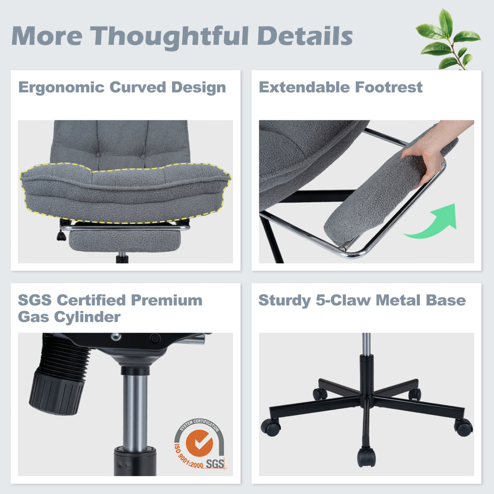 Teddy plush office chair features an ergonomic curved design, extendable footrest, and sturdy 5-claw metal base for comfort.