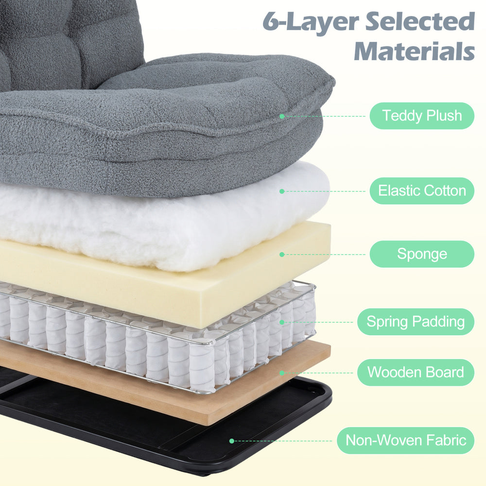 Detailed view of the Teddy Plush Office Chair layers, featuring plush teddy fabric, sponge, and spring padding for comfort.