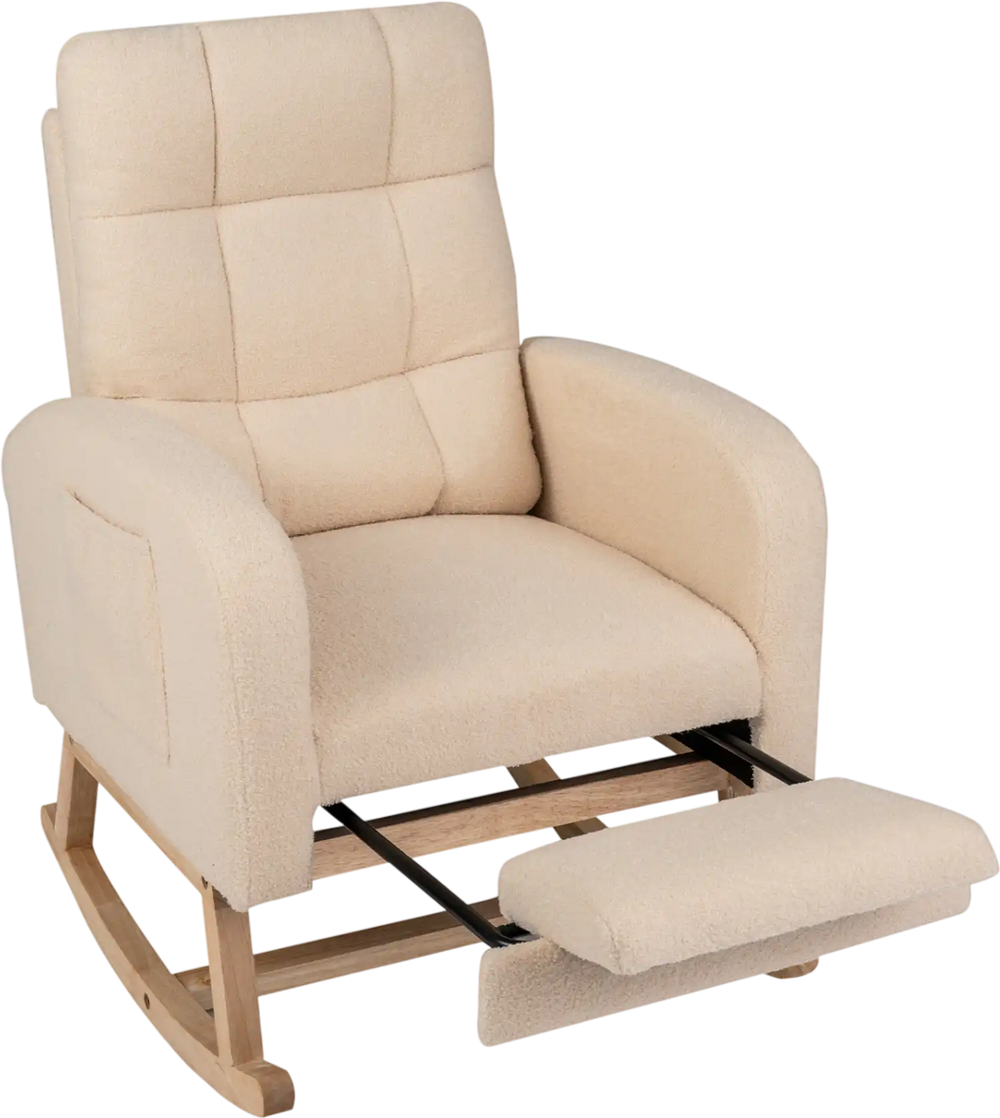 Beige teddy upholstered rocking chair with retractable footrest and ergonomic backrest for comfortable relaxation.