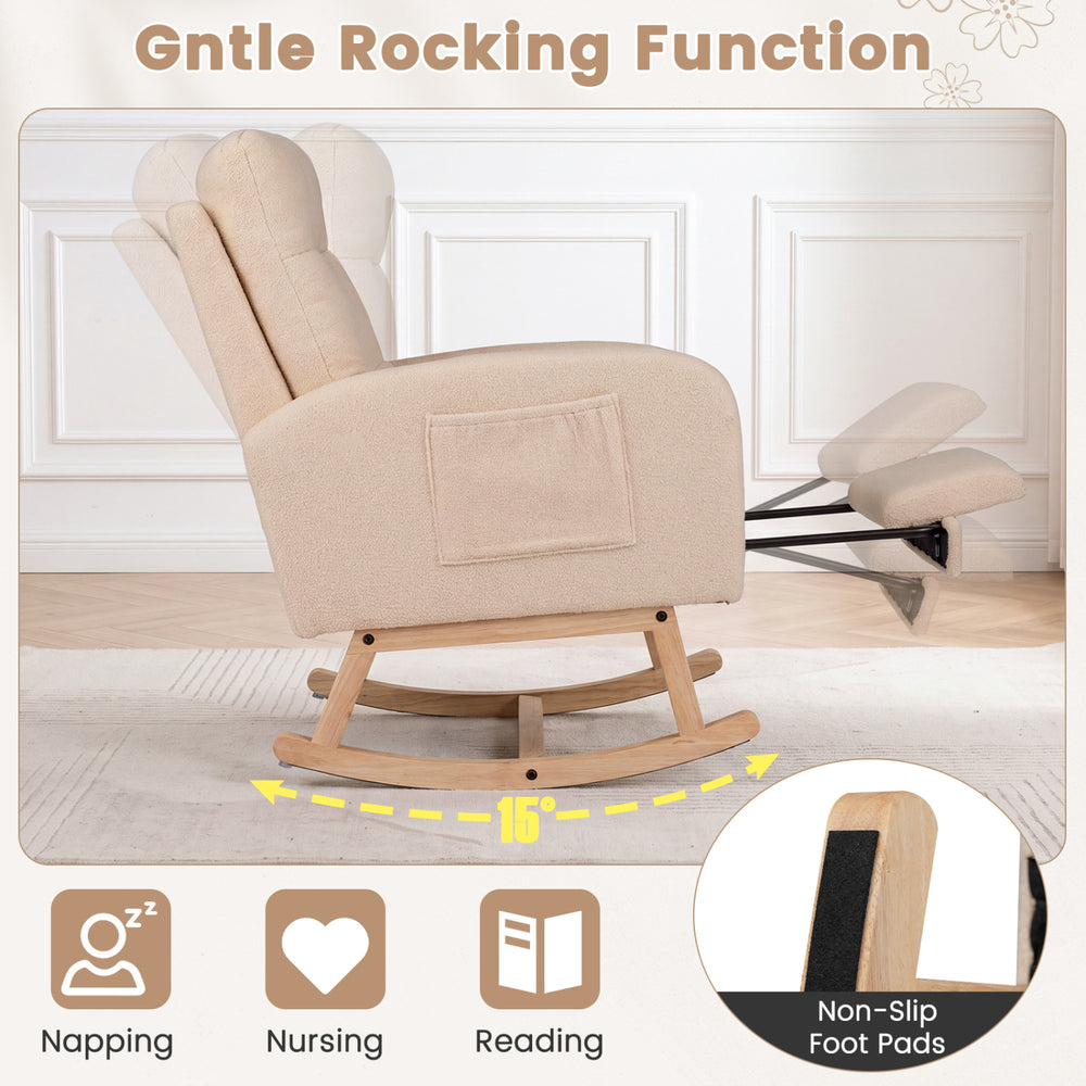 Beige Teddy upholstered rocking chair features a retractable footrest, gentle 15° rocking angle, and non-slip foot pads for stability.