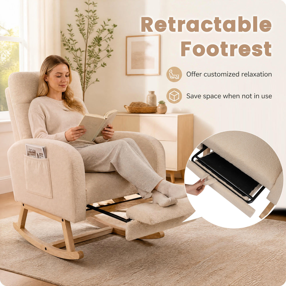 Beige teddy upholstered rocking chair with retractable footrest, perfect for nursing, reading, and relaxing in any room.