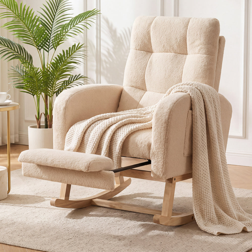 Teddy upholstered rocking chair in beige with retractable footrest, ideal for nursing, reading, or relaxing in any room.