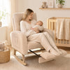Beige Teddy upholstered rocking chair with retractable footrest, perfect for nursing and relaxing in any room.