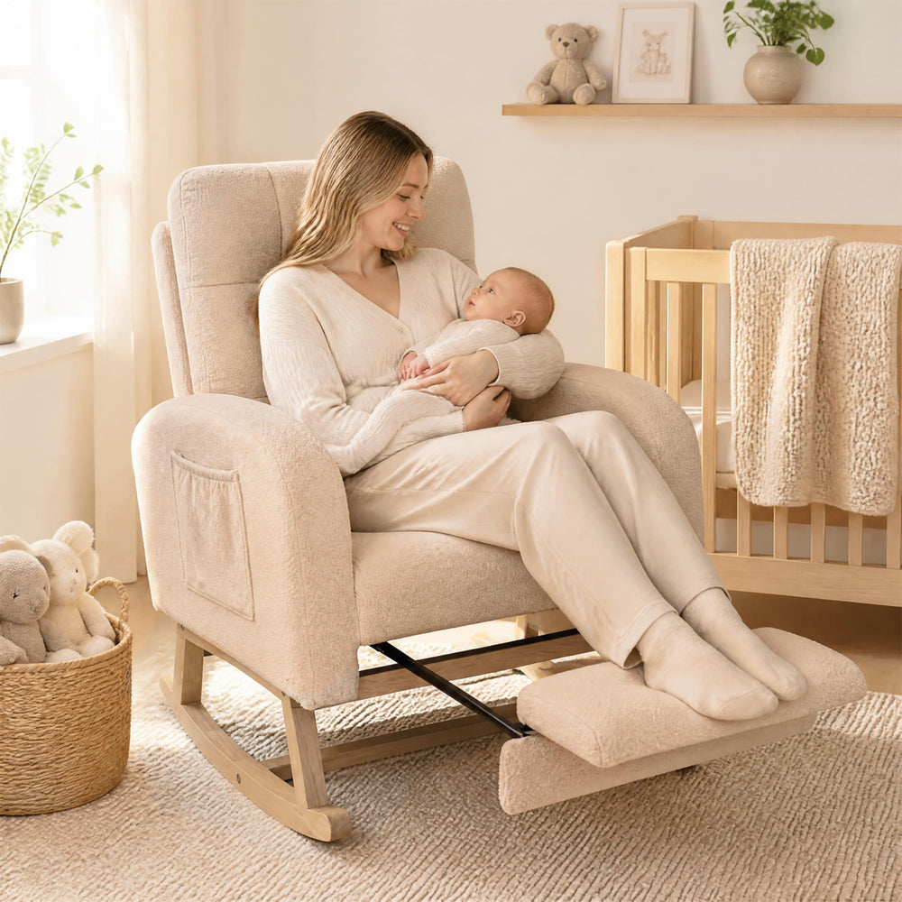 Beige Teddy upholstered rocking chair with retractable footrest, perfect for nursing and relaxing in any room.