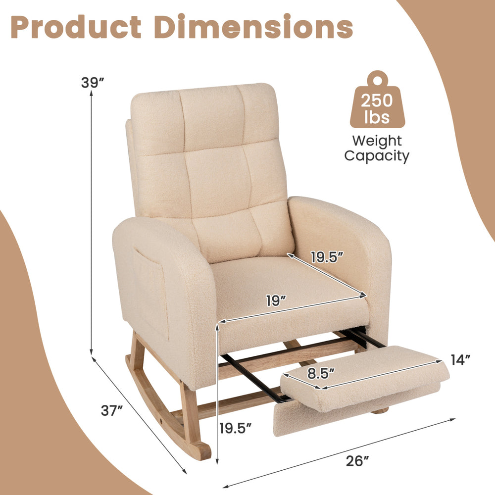 Beige teddy upholstered rocking chair with retractable footrest, featuring a soothing rocking angle and ergonomic design.