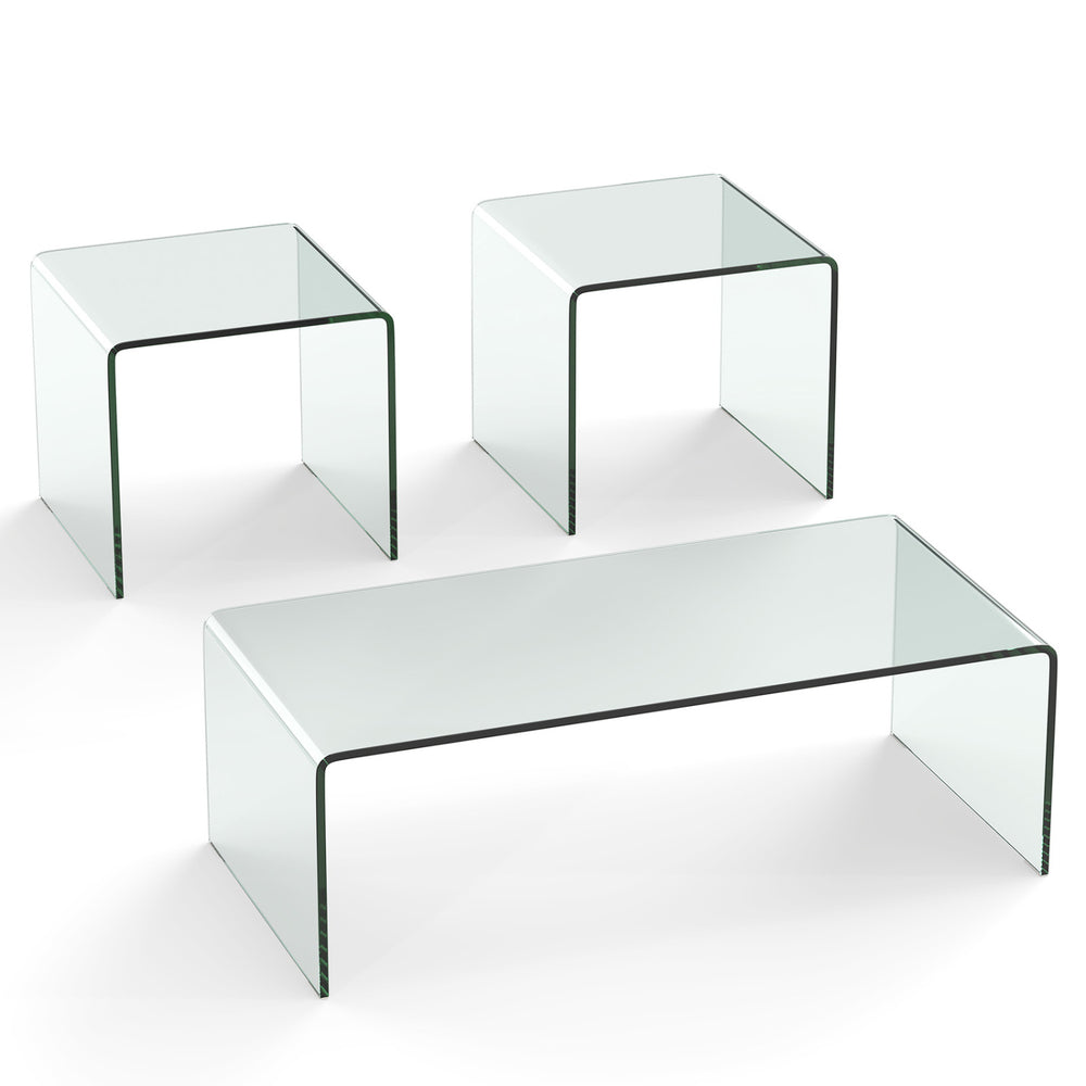 Tempered glass coffee table set of 3 featuring a clear coffee table and 2 end tables, ideal for minimalist decor.