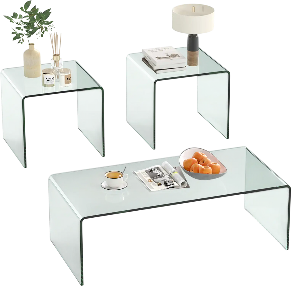 Tempered Glass Coffee Table Set of 3 with 1 Clear Coffee Table and 2 End Tables