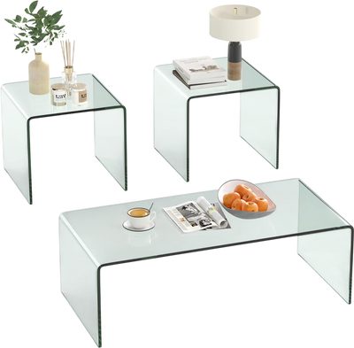 Costway Tempered Glass Coffee Table Set w/ 2 End Tables 34691223 New