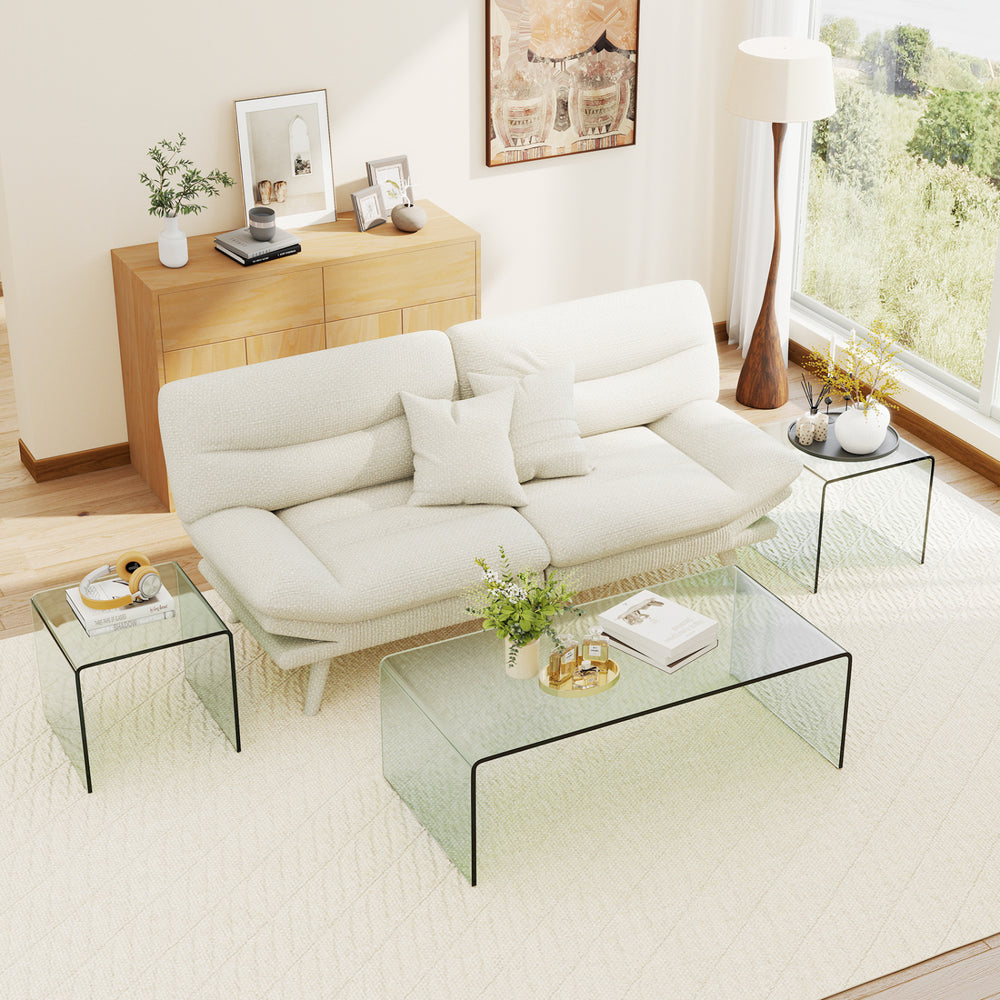 Tempered glass coffee table set featuring one clear coffee table and two end tables, ideal for minimalist living room.