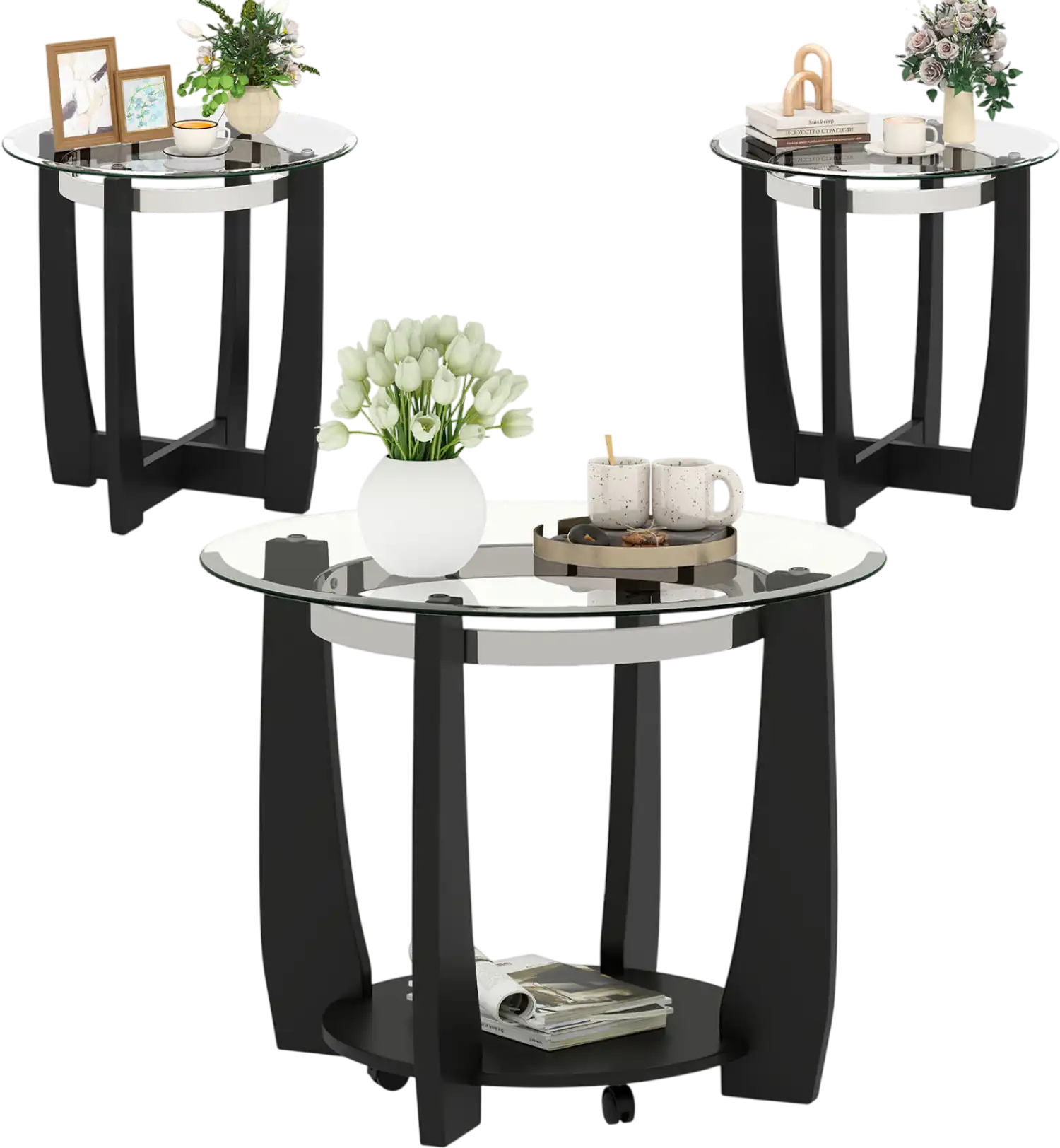 Costway 3-Piece Tempered Glass Coffee Table Set for Living Room Bedroom 79465207 New
