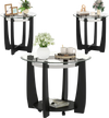 Tempered glass coffee table set of 3 in black with rubber wood frame, featuring a wide tabletop and bottom shelf for.