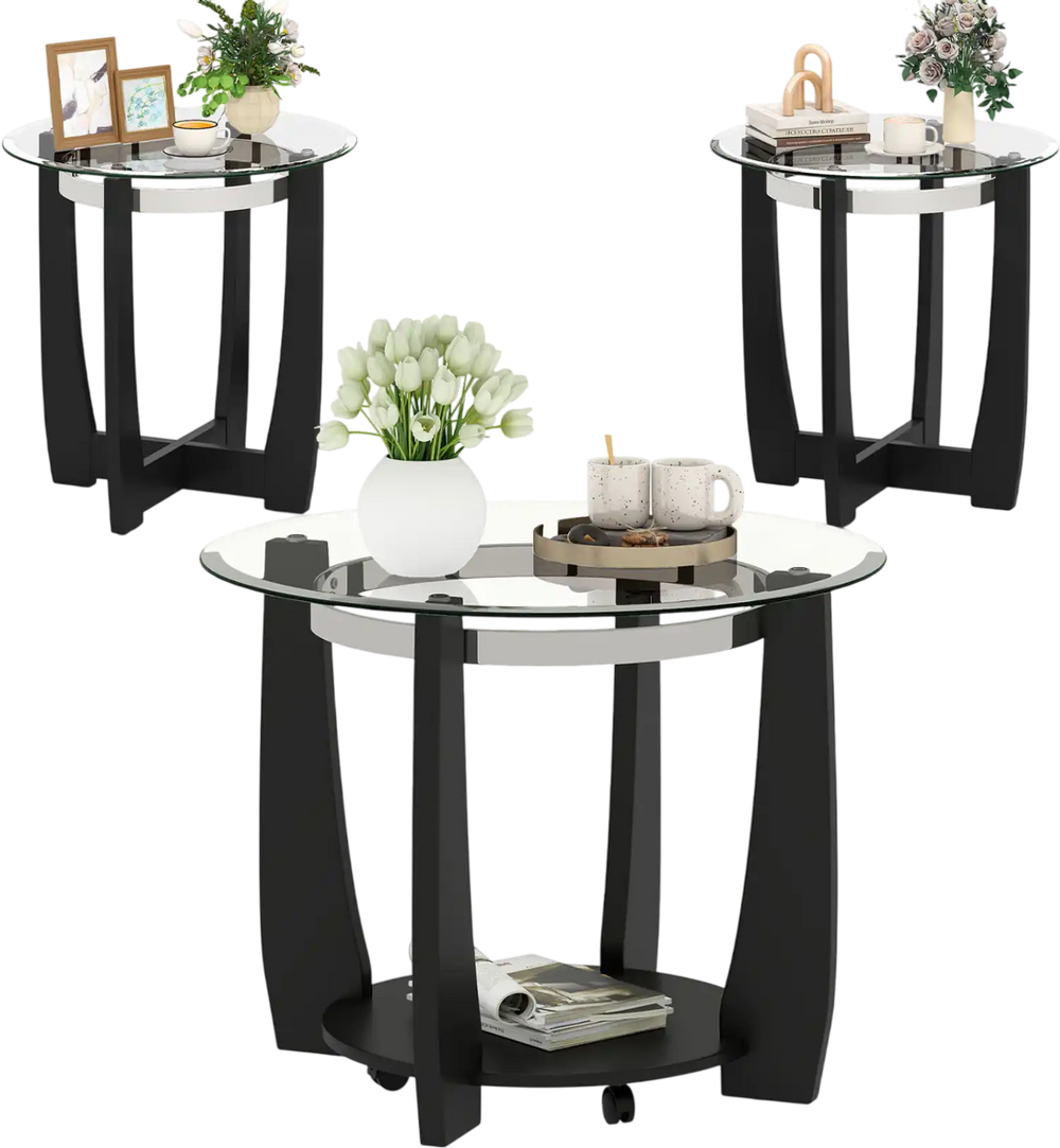 Tempered glass coffee table set of 3 in black with rubber wood frame, featuring a wide tabletop and bottom shelf for.
