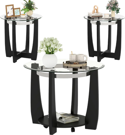 Costway 3-Piece Tempered Glass Coffee Table Set for Living Room Bedroom 79465207 New