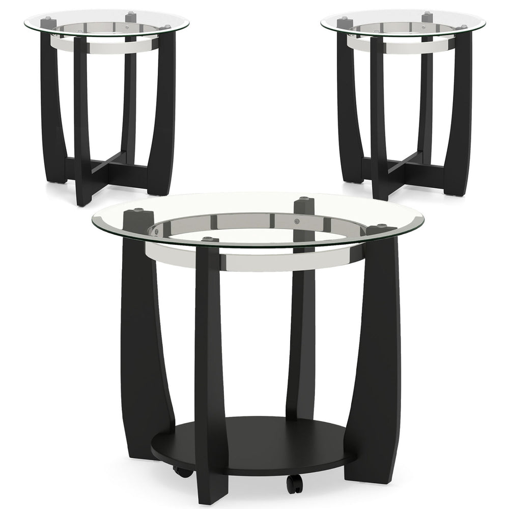 Tempered glass coffee table set of 3 with black rubber wood frame and wheels, ideal for living room or bedroom use.