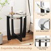 Tempered glass coffee table with a black rubber wood frame, featuring a wide tabletop and smooth edges for living room.