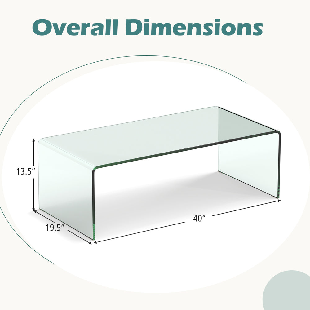 Tempered glass coffee table with overall dimensions of 40” x 19.5” x 13.5”, ideal for modern living spaces.