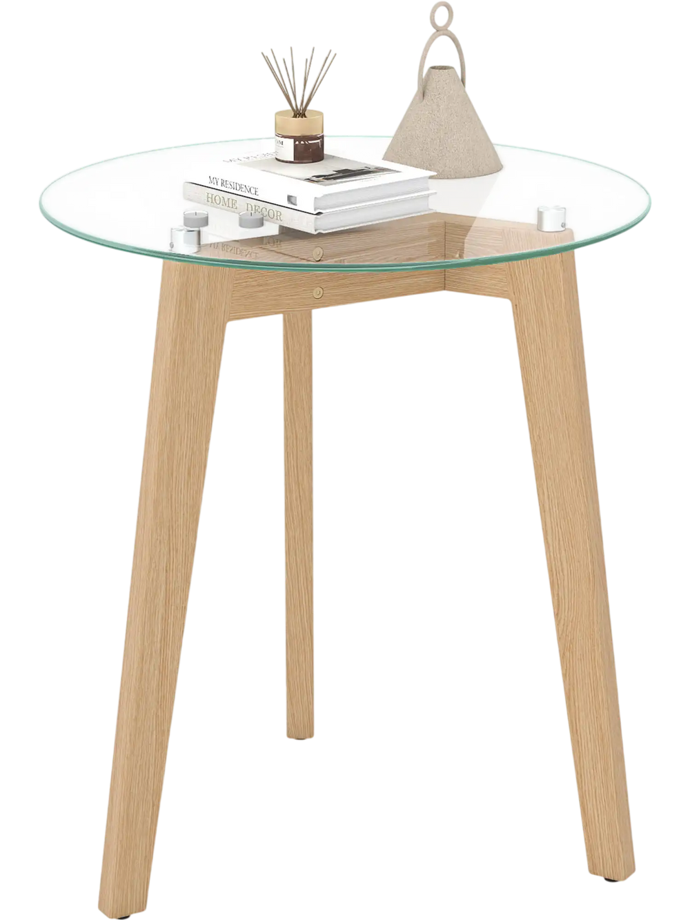 Tempered glass end table with solid rubber wood legs, showcasing a minimalist design, perfect for modern home decor.
