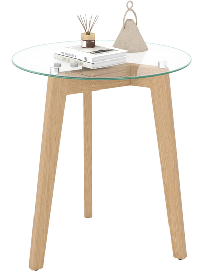 Costway Round Tempered Glass End Table Solid Rubber Wood 83102409 New