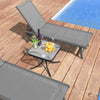 Black tempered glass top patio table with heavy-duty metal frame, perfect for garden or poolside use.