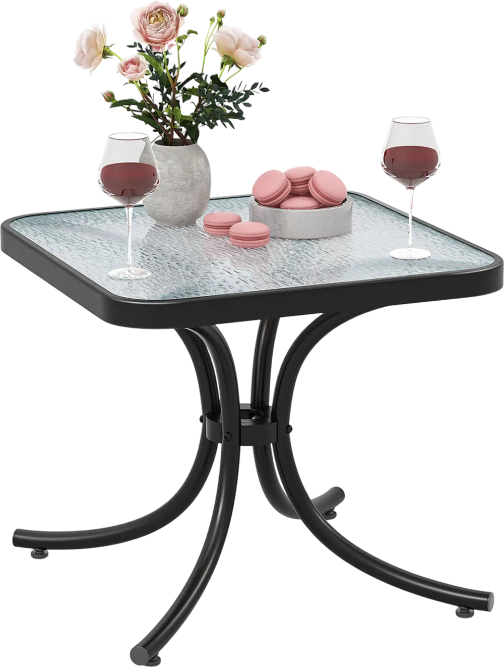 Tempered Glass Top Patio Table with Heavy-duty Metal Frame for Garden Poolside-Black