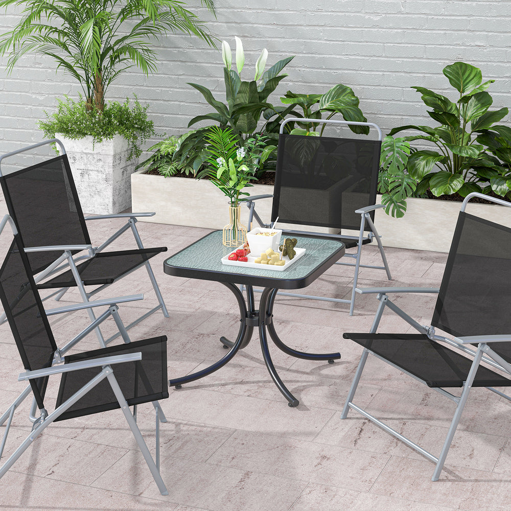 Black tempered glass top patio table with heavy-duty metal frame, ideal for garden or poolside use.