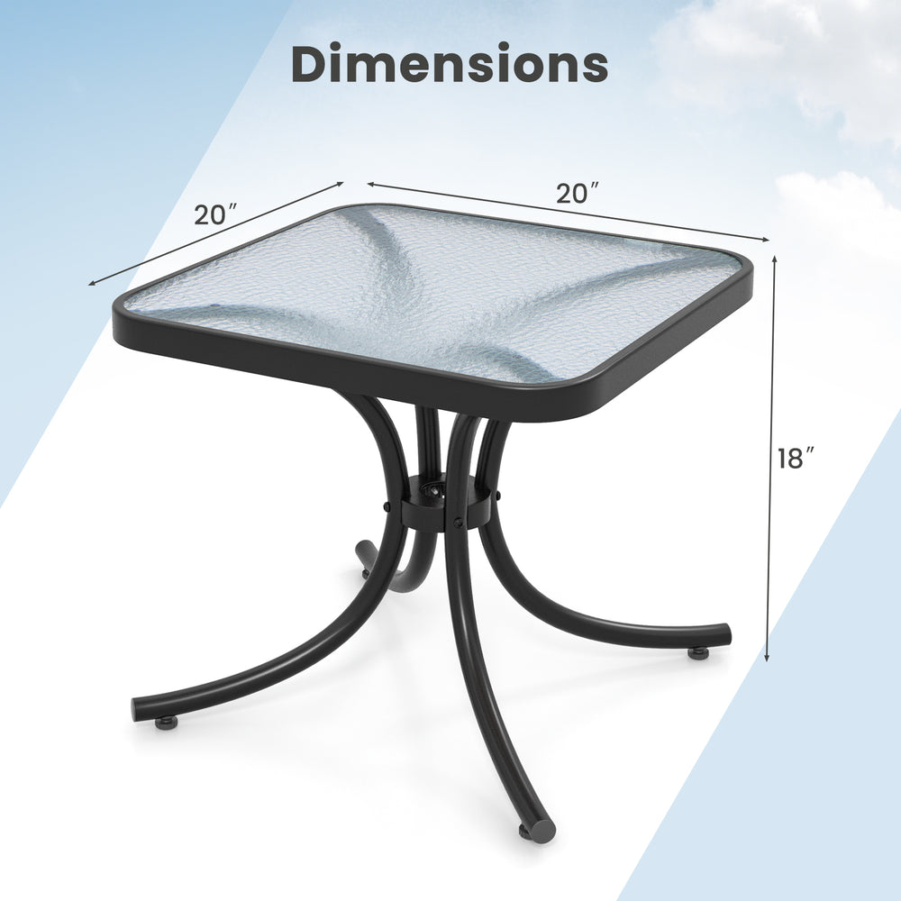 Tempered glass top patio table with heavy-duty metal frame, 20" x 20" x 18", ideal for garden or poolside use.